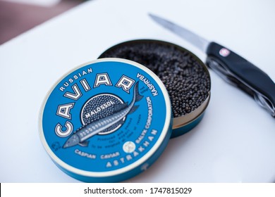 RUSSIA. ASTRAKHAN. June 2012 /Russian Black caviar. Beluga caviar. The most expensive caviar in the world. Black caviar of sturgeon.