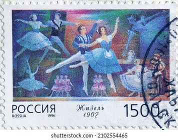 Russia - circa 1996 : Cancelled postage stamp printed by Russia, that shows Ballet "Giselle", 1907, 125th Birth Anniversary, circa 1996.