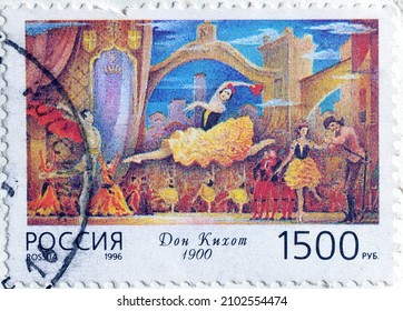 Russia - circa 1996 : Cancelled postage stamp printed by Russia, that shows Ballet "Don Quixote", 1900, 125th Birth Anniversary, circa 1996.