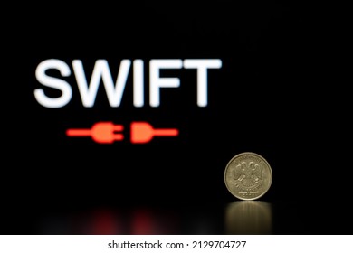Russia disconnected from swift. Russia cut off from swift. Russian Ruble Coin. 