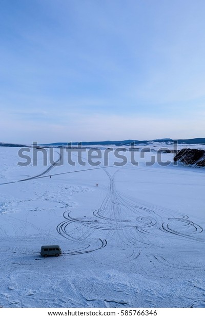 Russia : Feb 2017, Route line on frozen lake\
BAIKAL from hilltop.