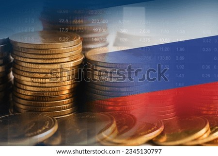 Russia flag with stock market finance, economy trend graph digital technology.