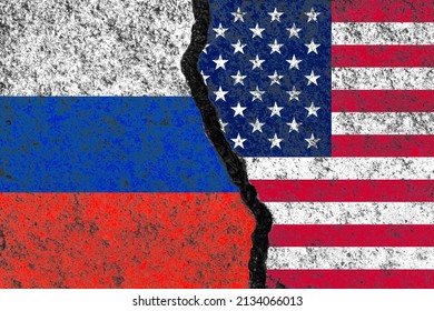 Russia Flag And United State Of America Flag Print Screen On Crack Wall For Business Competition And Military War Conflict Between Both Countries.