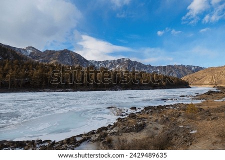 Russia, Gorny Altai. The frozen Katun River, mountains and taiga along the river bank