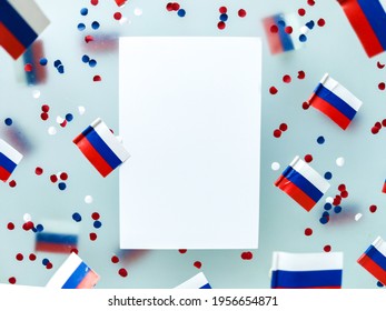 Russia Independence Day And National Flag . State Holiday Sovereignty. Concept Freedom, Patriotism And Memory. Symbol Olympic Team.