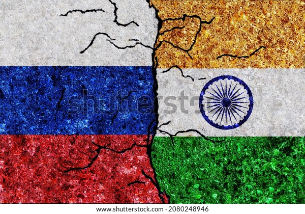 Russia and India painted flags on a wall with\
grunge texture. Russia and India conflict. India and Russia flags\
together. Russia vs\
India