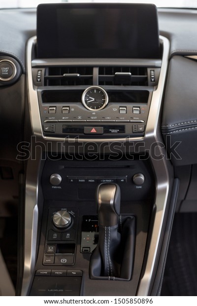 Russia, Izhevsk - July 21, 2019: Lexus showroom.\
Interior of new Lexus NX 200AWD with automatic transmission. Famous\
world brand.