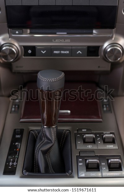 Russia, Izhevsk - July 21, 2019: Lexus showroom.\
Interior of new Lexus GX 460 with automatic transmission. Famous\
world brand.