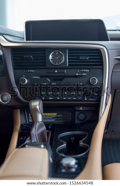 Russia, Izhevsk\
- July 21, 2019: Lexus showroom. Interior of new modern Lexus\
RX350L with automatic\
transmission.