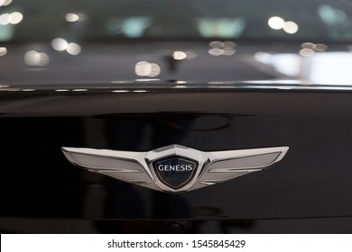 Russia, Izhevsk - October 10, 2019: Logo Of Genesis Car On Display In The Hyundai Showroom.