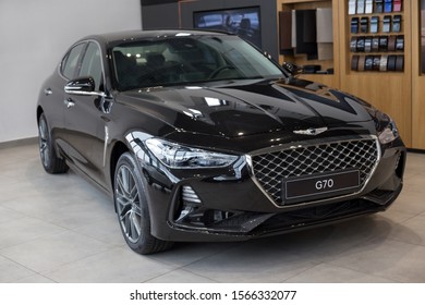 Russia, Izhevsk - October 16, 2019: New Modern Genesis G70 In The Hyundai Showroom.