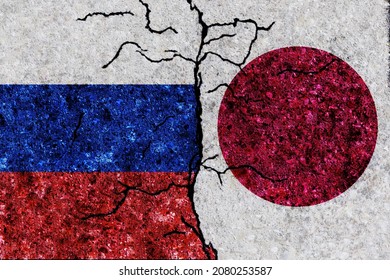 Russia and Japan painted flags on a wall with grunge texture. Russia and Japan conflict. Japan and Russia flags together. Russia vs Japan - Shutterstock ID 2080253587