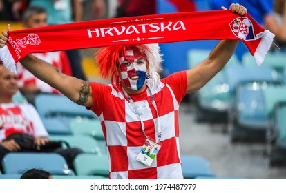 Russia – July 7, 2018. Croatian fan at FIFA World Cup 2018 quarter-final Russia vs Croatia in Sochi.