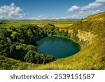 Russia. Kabardino-Balkaria. View of the deep-water karst lakes with blue water and steep shores, where the filming of the film Sannikov Land took place.