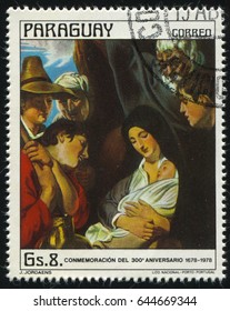 RUSSIA KALININGRAD, 19 APRIL 2017: stamp printed by Paraguay, shows  Painting Adoration of Shepherds by Jordaens, circa 1978