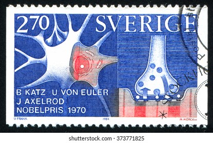 RUSSIA KALININGRAD, 20 OCTOBER 2013: Stamp Printed By Sweden, Shows Nobel Prize Winners In Physiology Or Medicine, Julius Axelrod, 1970, Nerve Cell Storage And Release, Circa 1984