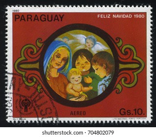 RUSSIA KALININGRAD, 22 APRIL 2017: Stamp Printed By Paraguay, Shows Madonna And Child, Circa 1980