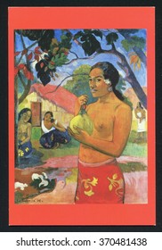 RUSSIA KALININGRAD, 3 AUGUST 2015: post card printed by Russia, shows Paul Gauguin. Painting Woman Holding a Fruit, circa 2015.