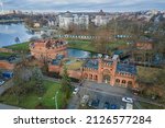 Russia, Kaliningrad. Aerial Photography. Fortress tower dating from the mid-nineteenth century. Located in the center of Kaliningrad on the Verkhneye Lake shore.. selective focus