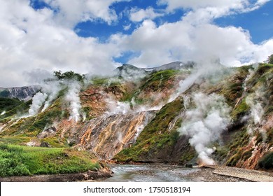 Russia. Kamchatka. The mountains and fumaroles of the Valley of Geysers.