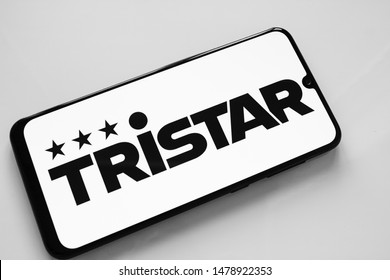 RUSSIA, KAZAN MAY 1, 2019: Columbia Pictures Industries, Inc. TriStar Pictures Logo On A White Background On The Smartphone Screen