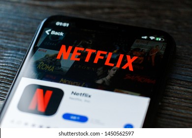Russia, Kazan May 28 2019: Netflix logo on smartphone screen. Netflix streaming service for watching videos.