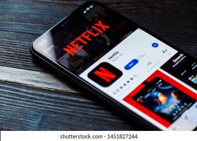 Russia, Kazan May 28 2019: Netflix logo on smartphone screen. Netflix streaming service for watching videos.