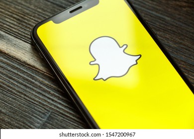 Russia, Kazan May 28 2019: Snapchat logo on iPhone X screen. Snapchat is a social media app for smartphones.