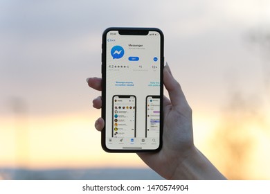 Russia, Kazan May 30, 2019: Facebook messenger application icon on Apple iPhone X screen close-up. Facebook messenger app icon. Online internet social media network. Social media app