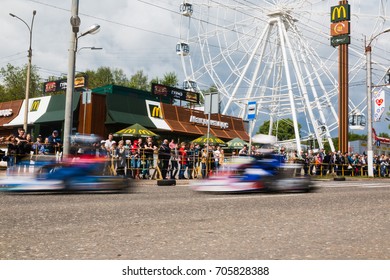 Russia, Kirov - June, 12, 2017: Car And Kart Driver During The Open Competitions In The Birthday Of City Kirov