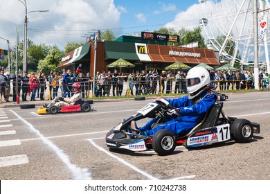 Russia, Kirov - June, 12, 2017: Car And Kart Driver During The Open Competitions In The Birthday Of City Kirov