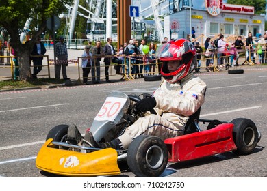 Russia, Kirov - June, 12, 2017: Car And Kart Driver During The Open Competitions In The Birthday Of City Kirov