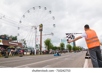 Russia, Kirov - June, 12, 2017: Car And Kart Driver During The Open Competitions In The Birthday Of City Kirov