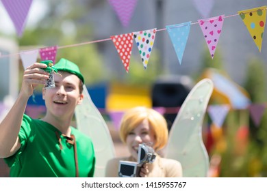 RUSSIA, KRASNODAR - MAY 31 2019: Happy Group Of Children At A Birthday Celebration Watching Show With An Animator, Dressed In Tinker Bell Fairy Costume