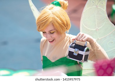 RUSSIA, KRASNODAR - MAY 31 2019: Animator Works At The Birthday Party For Little Children. Show With An Animator, Dressed In Tinker Bell Fairy Costume