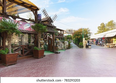 Russia, Krasnodar Region, Poselok Vityazevo - September 30.2017: Sculptures Of Knights At The Entrance To The Restaurant And Dining Room On The Empty Osennem Paralia Boulevard In The Resort Village