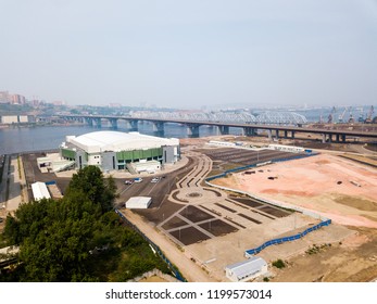 Russia, Krasnoyarsk - July 23, 2018: PLATINUM ARENA ICE ARENA. The Venue For The FIGURE SKATING Competition, From Dron Aerial Photography