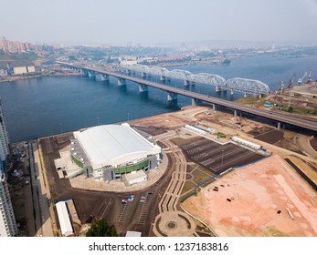 Russia, Krasnoyarsk - July 23, 2018: PLATINUM ARENA ICE ARENA. The Venue For The FIGURE SKATING Competition, From Dron Aerial Photography