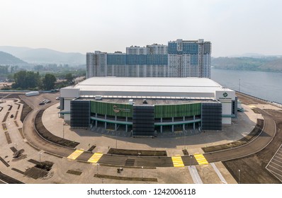 Russia, Krasnoyarsk - July 23, 2018: PLATINUM ARENA ICE ARENA. The Venue For The FIGURE SKATING Competition, From Dron Aerial Photography