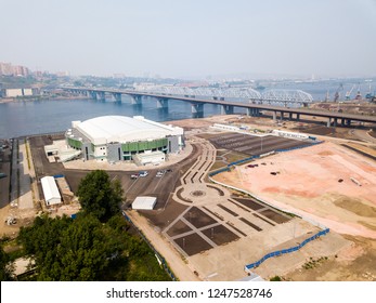 Russia, Krasnoyarsk - July 23, 2018: PLATINUM ARENA ICE ARENA. The Venue For The FIGURE SKATING Competition, From Dron Aerial Photography