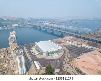 Russia, Krasnoyarsk - July 23, 2018: PLATINUM ARENA ICE ARENA. The Venue For The FIGURE SKATING Competition, From Dron Aerial Photography