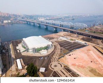 Russia, Krasnoyarsk - July 23, 2018: PLATINUM ARENA ICE ARENA. The Venue For The FIGURE SKATING Competition, From Dron Aerial Photography