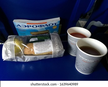 RUSSIA - MAY 27, 2019: Aeroflot inflight meal served at economy class.