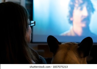 Russia Moscow 06.10.2020 Woman, Girl With Glasses With Dog Watch Tv, Movie At Night On Huge Screen At Home On Couch.Interesting Film,evening In Quarantine.Self-isolation.Covid-19 Coronavirus Pandemic.