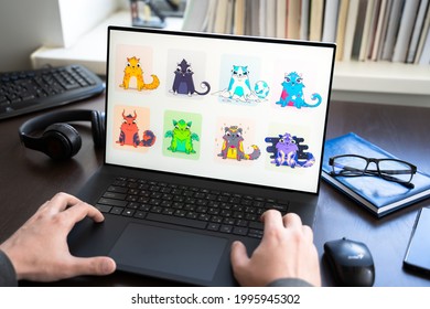 Russia Moscow 30.05.2021.Logo, Screenshot Of Blockchain Nft Ethereum Cryptocurrency Game Cryptokitties In Laptop Screen. Man Playing, Collecting Crypto Kitties. Earning Digital Money At Home.