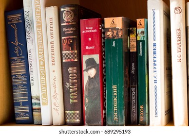Russia, Moscow, April, 2017: A shelf with books of the great Russian writers of the classics: Pushkin, Lermontov, L. Tolstoy, F. Dostoevsky, A. Chekhov