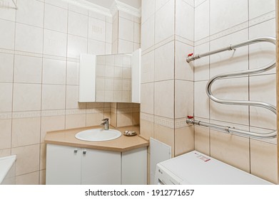 Russia, Moscow- April 22, 2020: interior room apartment modern bright cozy atmosphere. general cleaning, home decoration, preparation of house for sale. modern bathroom, sink, decor elements, toilet