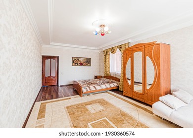 Russia, Moscow- April 24, 2020: interior room apartment modern bright cozy atmosphere. general cleaning, home decoration, preparation of house for sale. bedroom with bed