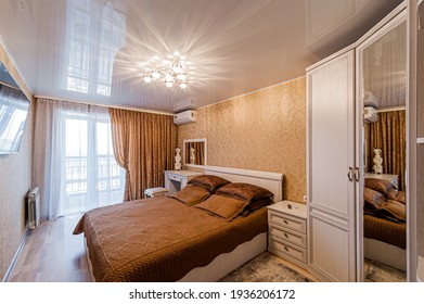 Russia, Moscow- April 24, 2020: interior room apartment modern bright cozy atmosphere. general cleaning, home decoration, preparation of house for sale. bedroom with bed