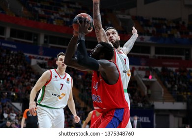 Russia. Moscow. Arena Megasport. April 4, 2019. Othello Hunter & Vincent Poirier During The Euroleague Basketball Match 2018/2019 Between CSKA (Russia) & Baskonia (Spain)